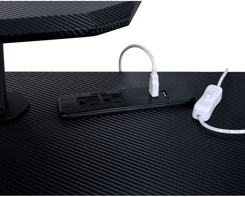 Bureau d'ordinateur noir avec plateau pour clavier, support pour écran et crochets pour casques
