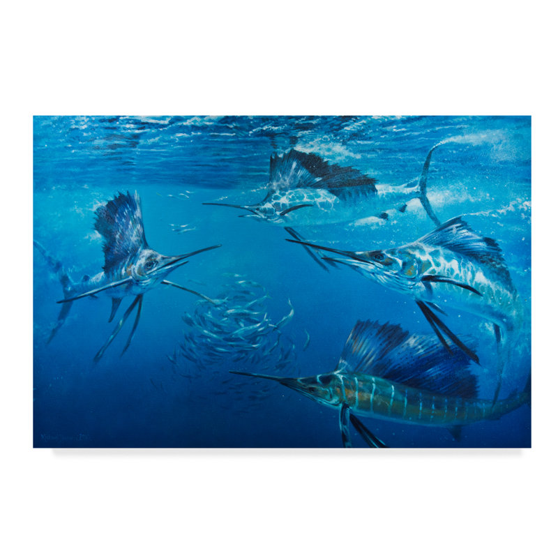 «Marlins in Water», reproduction de peinture acrylique sur toile tendue, H 16 po x l 24 po x P 2 po