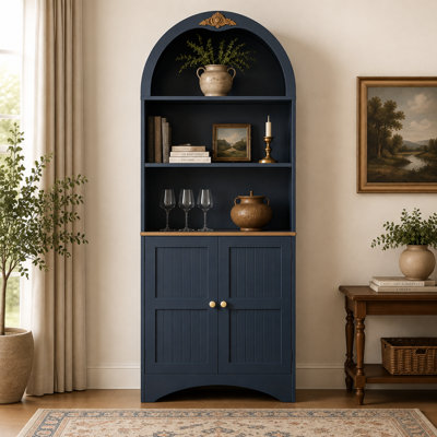 Modern Arched Wood Storage Cabinet Bookcase with Adjustable Shelves and Double Doors
