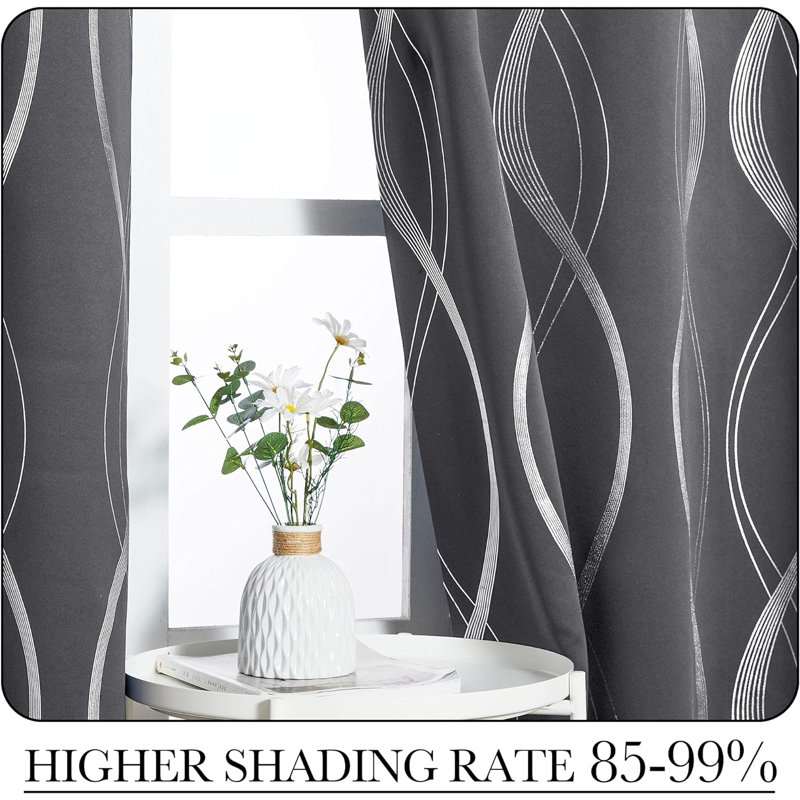 Grey Blackout Striped Pattern Curtains for Living Room 84 inch Long 2 Panels Set, Noise Reducing Thermal Insulated Wave Line Foil Print Bedroom Drapes for Patio Sliding Glass Door (52 x 84)