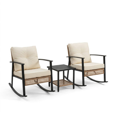 Ensemble bistro en rotin d'extérieur 3 pièces, table basse à 2 niveaux et coussins épais, ensemble de conversation pour patio toutes saisons pour jardin avec balcon, beige