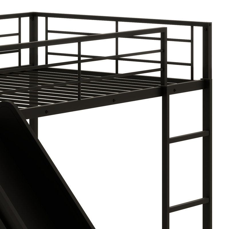 Sturdy Metal Bunk Bed Frame With Built-In Slide, Ladder, Fence And Door, Black