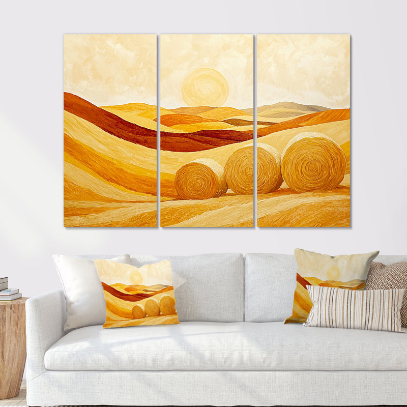 Ensemble de salon jaune et orange avec paysage de ferme Haystack Hills I, H 28 po x l 36 po x P 1 po, Toile tendue
