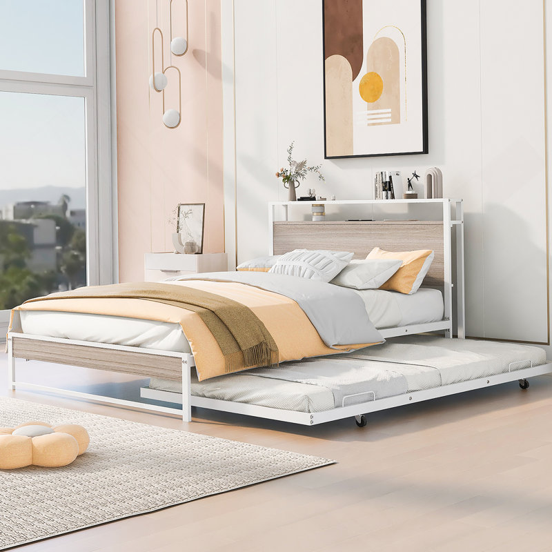 Base de lit plateforme en métal avec couchette, ports USB et support à lattes, Double, Black