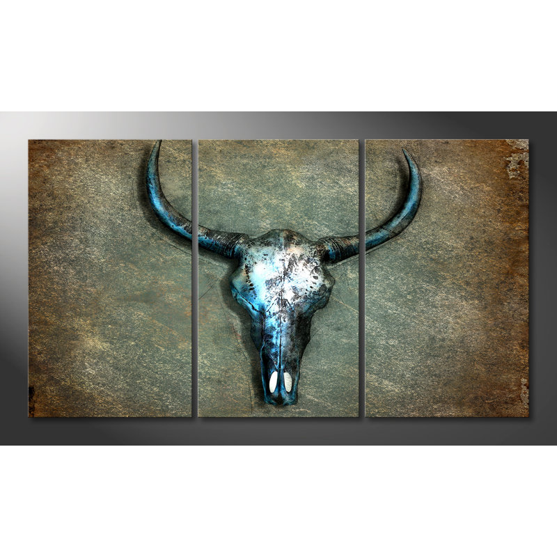 Buffalo Skull - Stretched On Wooden Frame Print on Canvas, 3 Piece Canvas Set, 100 cm H x 180 cm W