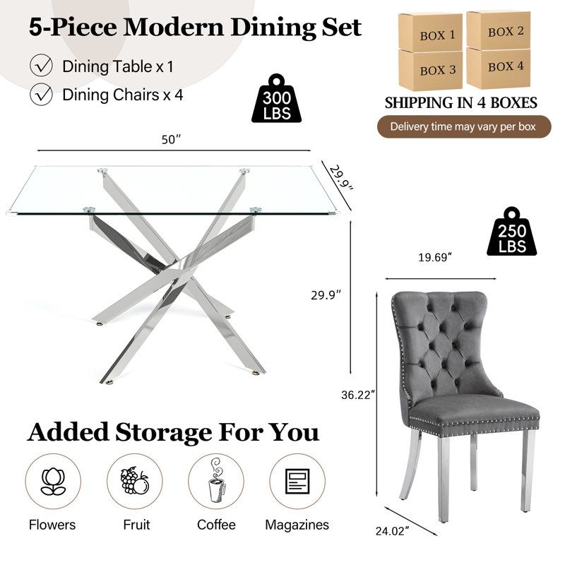 5-Piece Dining Set With Tempered Glass Table & Velvet Upholstered Chairs – Modern Dining Set For 4, Gray/Silver, Silver