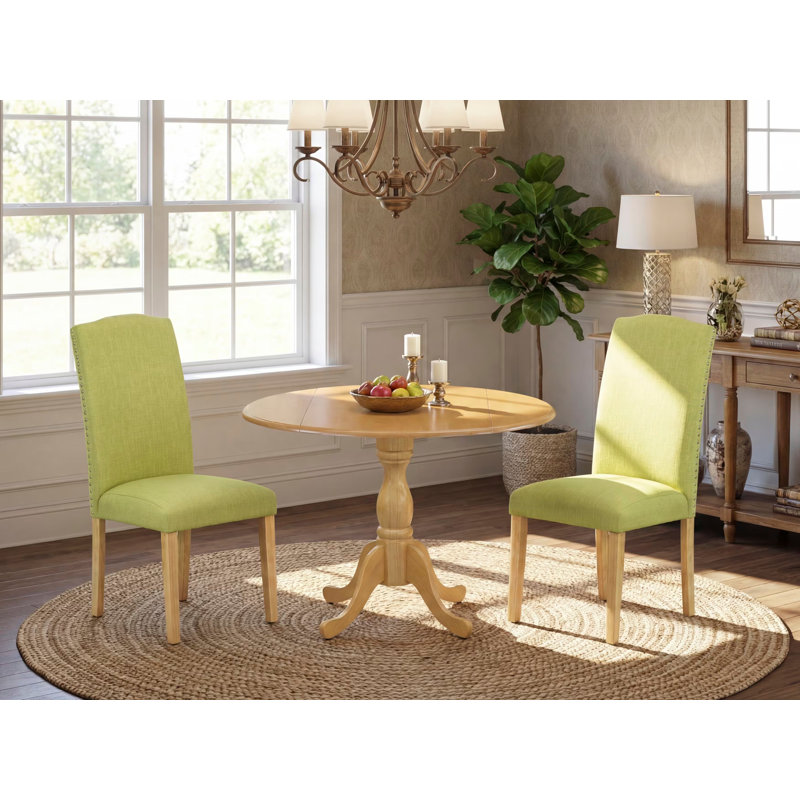 3-Piece Mahogany Finish Solid Wood Top Upholstered Dining Room Set with Dropleaf (Seats-4), Natural Oak, Light Green