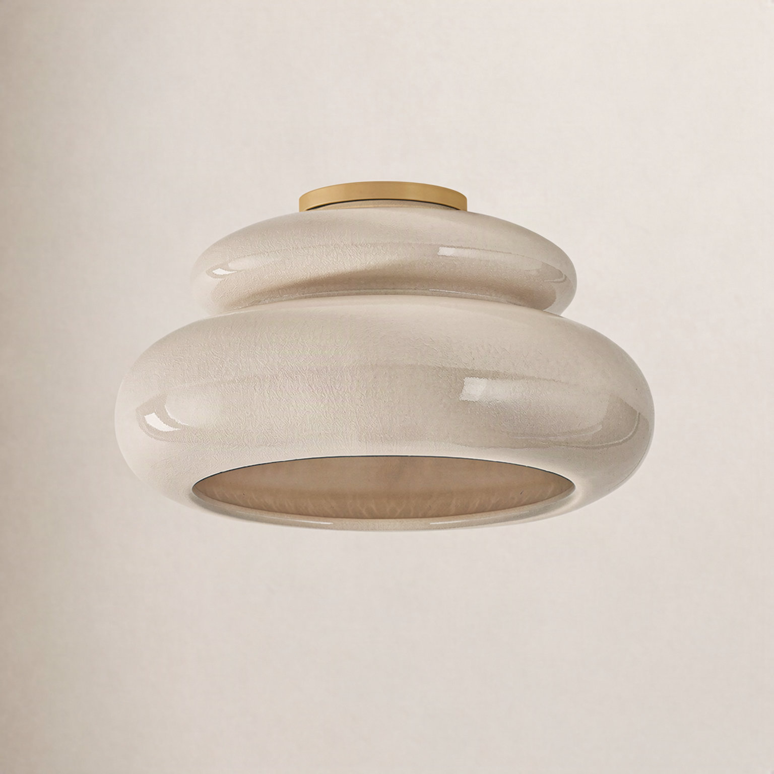 Single Light Flush Mount, Aged Brass and Ceramic Butter Crackle