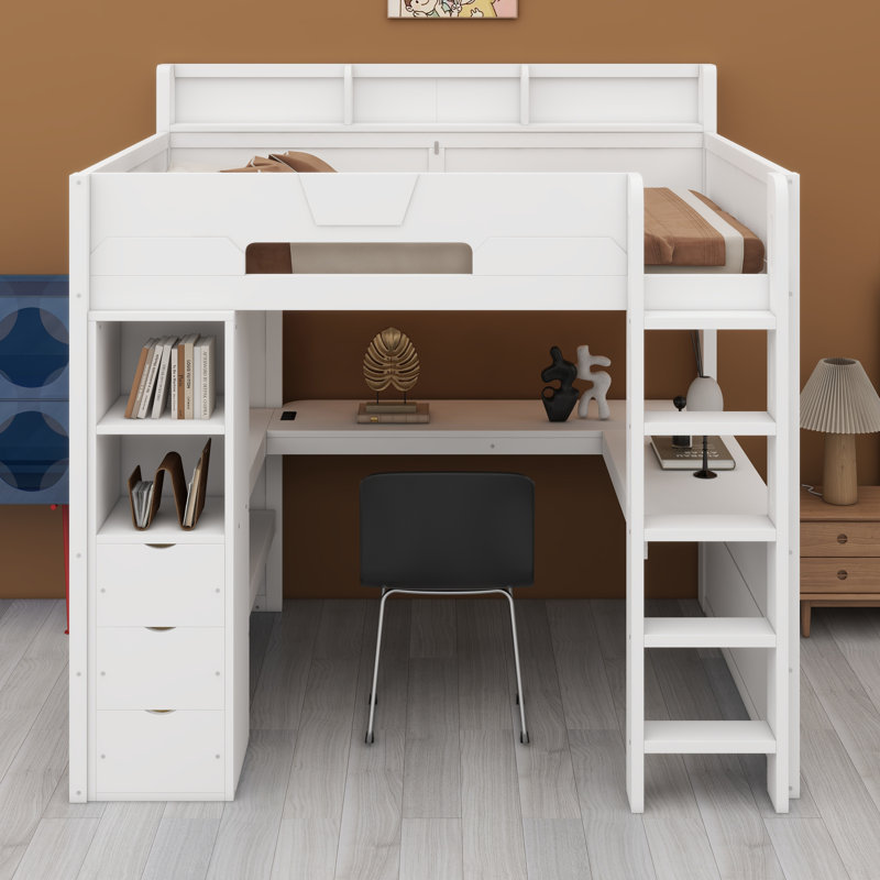 Structure de lit de jeu High Sleeper avec bureau en U, lumières DEL RVB intelligentes et ports USB, lit mezzanine multifonctionnel avec tiroirs et tablettes de rangement pour adolescents et adultes