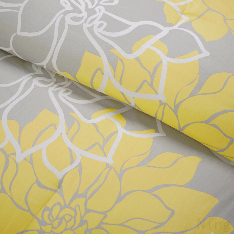 Ensemble d'édredon en satin de coton imprimé gris taupe / jaune, Jaune/gris, Édredon de grande taille et 6 pièces supplément