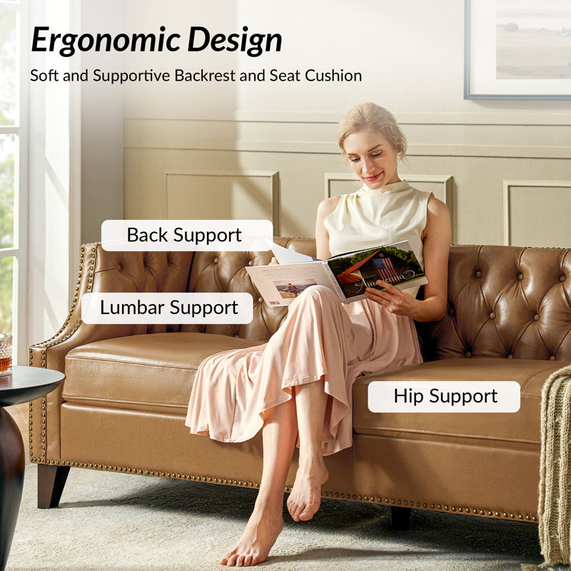 Annja 3 Piece Transitional Genuine Leather Living Room Sets with Sofa and Accent Chair, Camel