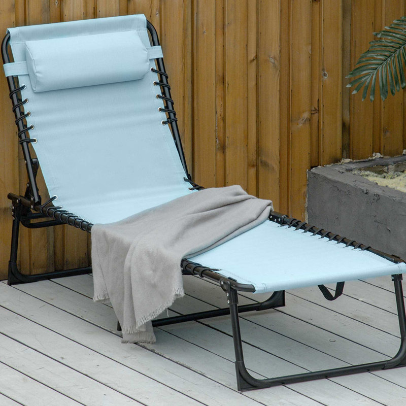 Poolside Lounge Chair - Folding Chaise With 4 , Breathable Mesh, Bungee Seat, Pillow, Blue, 77.5" Long, 264 Lbs Max Load Outdoor Bed By Recline, Mesh & Blue Dazzle