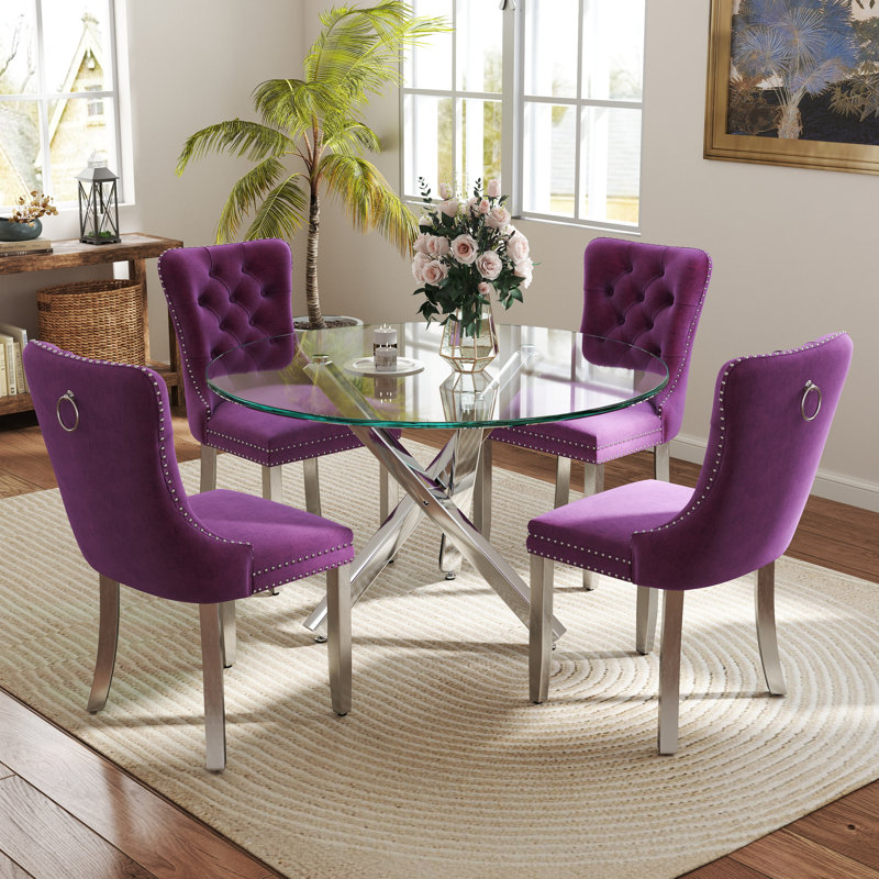Ensemble de table de salle à manger 5 pièces, H 29,5 po x L 39 po x l 39 po, Mauve / argenté, Argent
