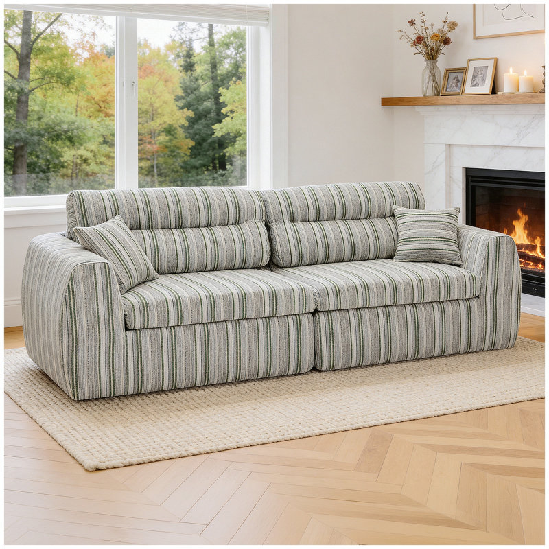 Canapé tissé à compression en chenille rayée, canapé compact à rangée droite avec éponge haute densité, canapé économiseur d'espace requis sans assemblage pour salon, appartement, bureau (blanc et sauge)