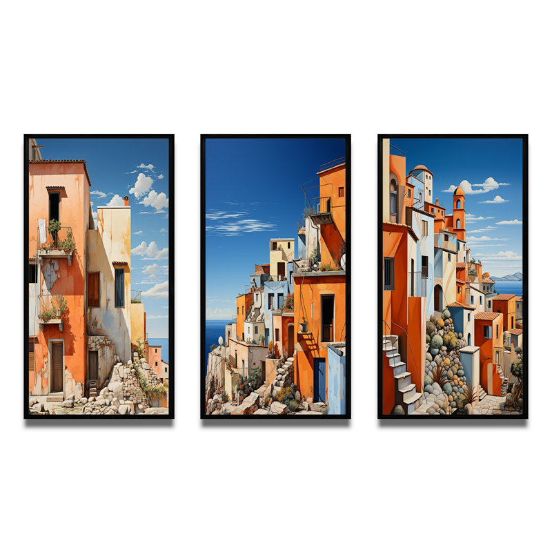 «Italy Terracotta Tones Fontanas X», 3 pièces sur toile, H 20 po x l 36 po, Cadre noir