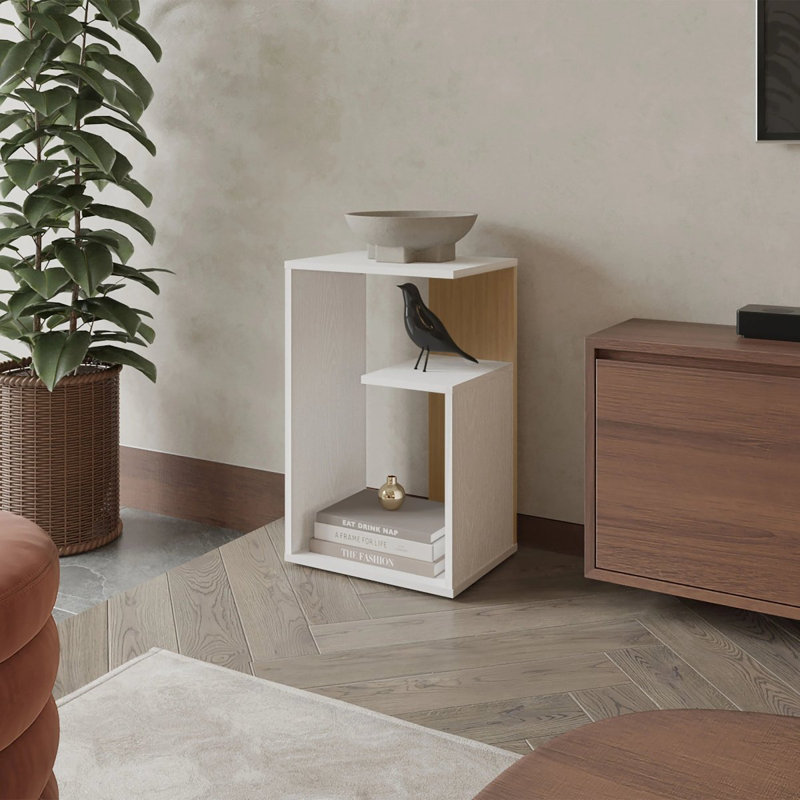 Table d'appoint moderne en mélamine avec rangement ouvert, Chêne clair
