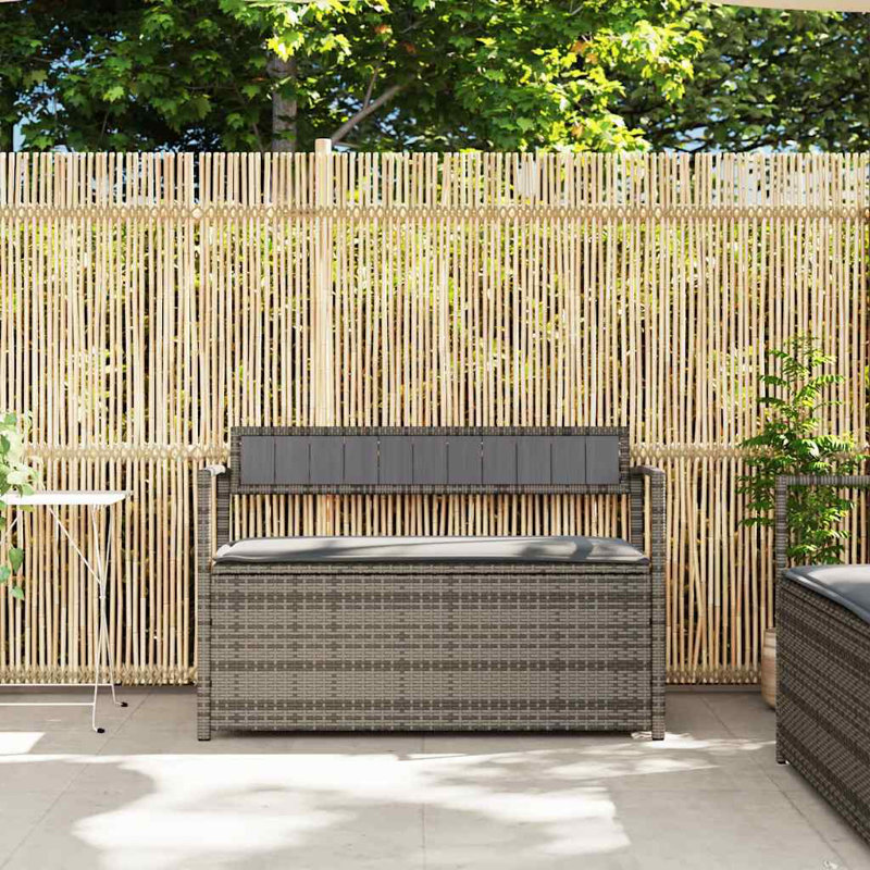 Banc de rangement pour patio avec coussin en rotin de polyester, Gris, Gris foncé