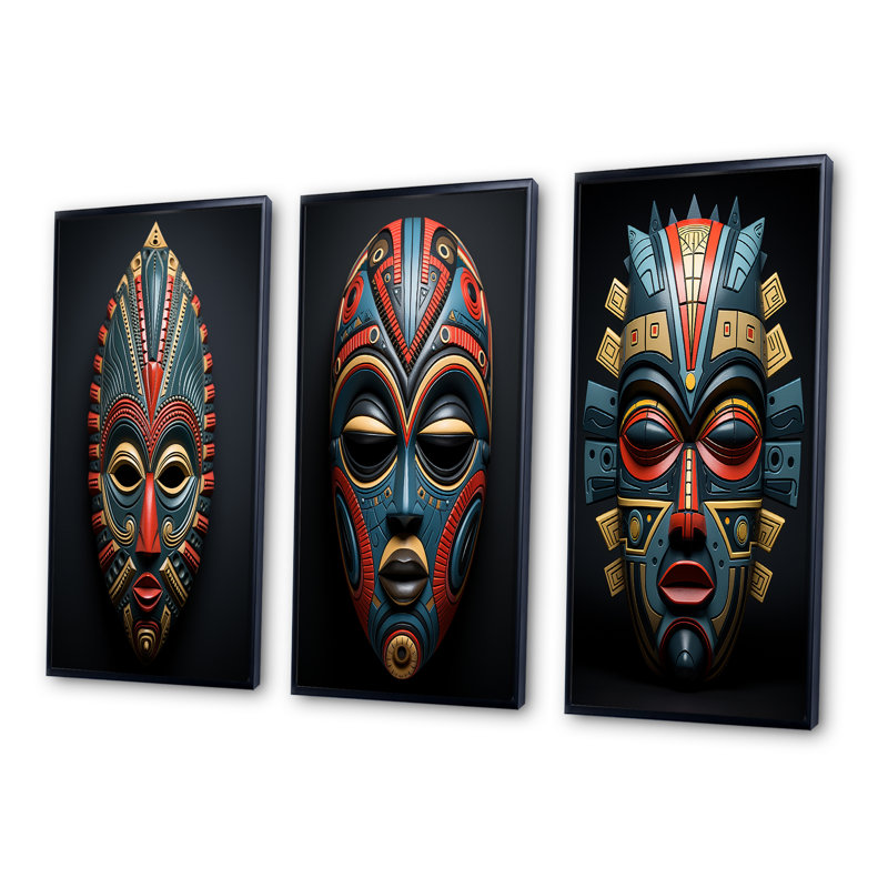 3 pièces sur toile - Masque tribal africain Pende, Cadre flottant noir, H 40 po x l 60 po