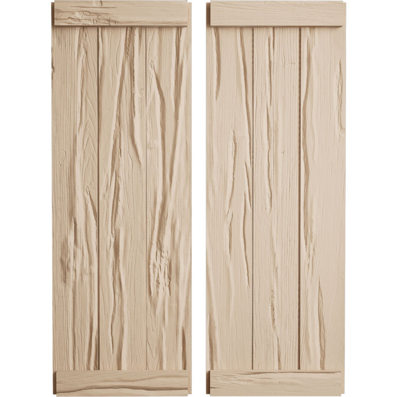 Volets rustiques en faux bois à trois planches jointes avec lattes (par paire), Texture Riverwood / brun clair apprêté, 16"