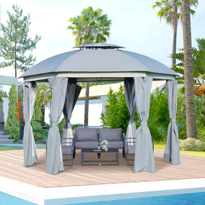 Abri de jardin rond 12 pi x 12 pi, abri de jardin à dôme de patio avec double toit, parois et rideaux en filet, portes à fermeture à glissière, cadre en acier robuste, gris
