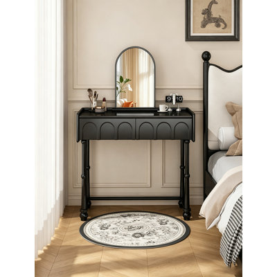 Antique Finish Vanity Set With Arched Mirror And Double Drawer Design