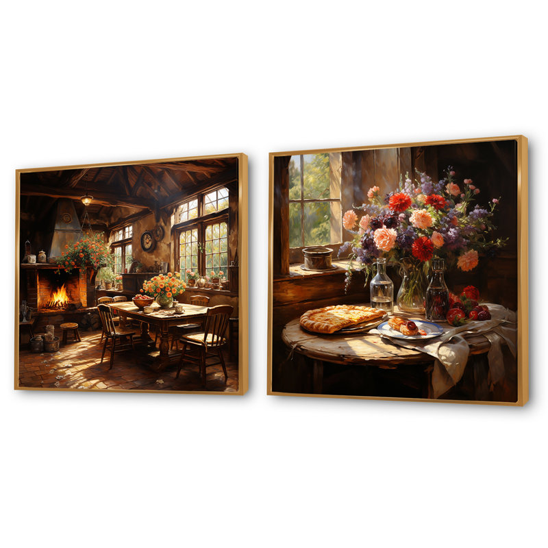 Rustic Elegant Flower Pizza Country Home - Ensemble de 2 collages carrés à pizza, Cadre flottant doré, H 30 po x l 61 po