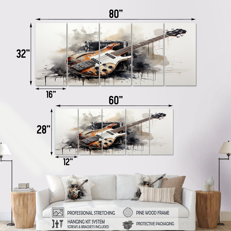 «Brown Charcoal Guitare», ensemble de 5 pièces d'art mural, H 28 po x l 60 po