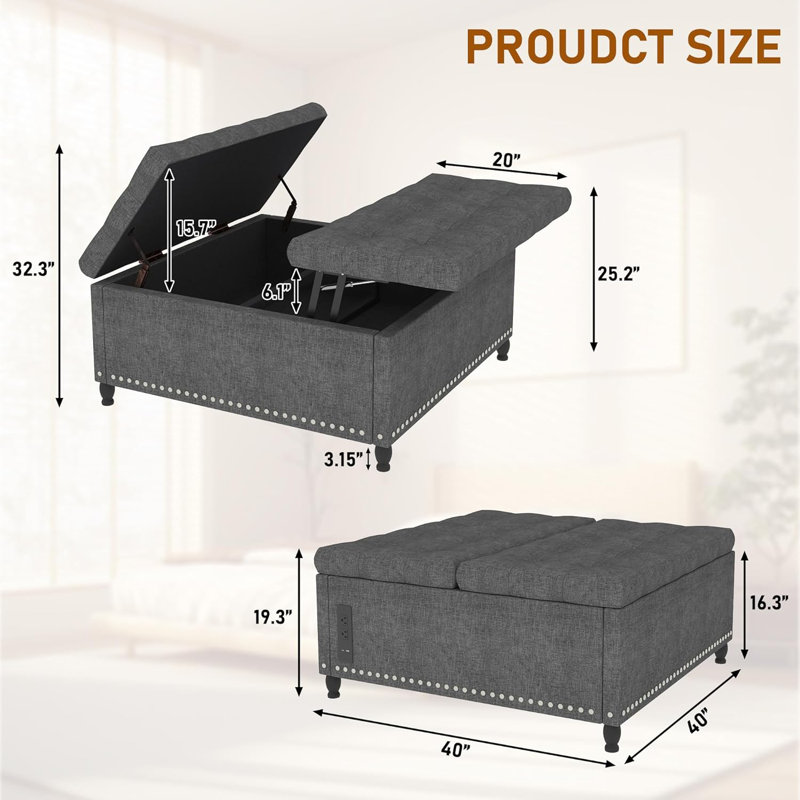 Repose-pieds avec prises et lumières DEL, grand repose-pieds carré avec rangement de 40 po, table basse avec repose-pieds et pieds en bois, repose-pieds gris Morden pour le salon, la chambre à coucher