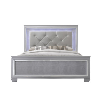 1Pc Modern Queen LED Faux Leather Upholstery Panel Bed Beveled Mirror Accents Textured Footboard Silver Beige Finish