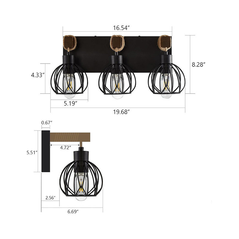 Rustic Black Wood and Rattan 3-Light Vanity Fixture