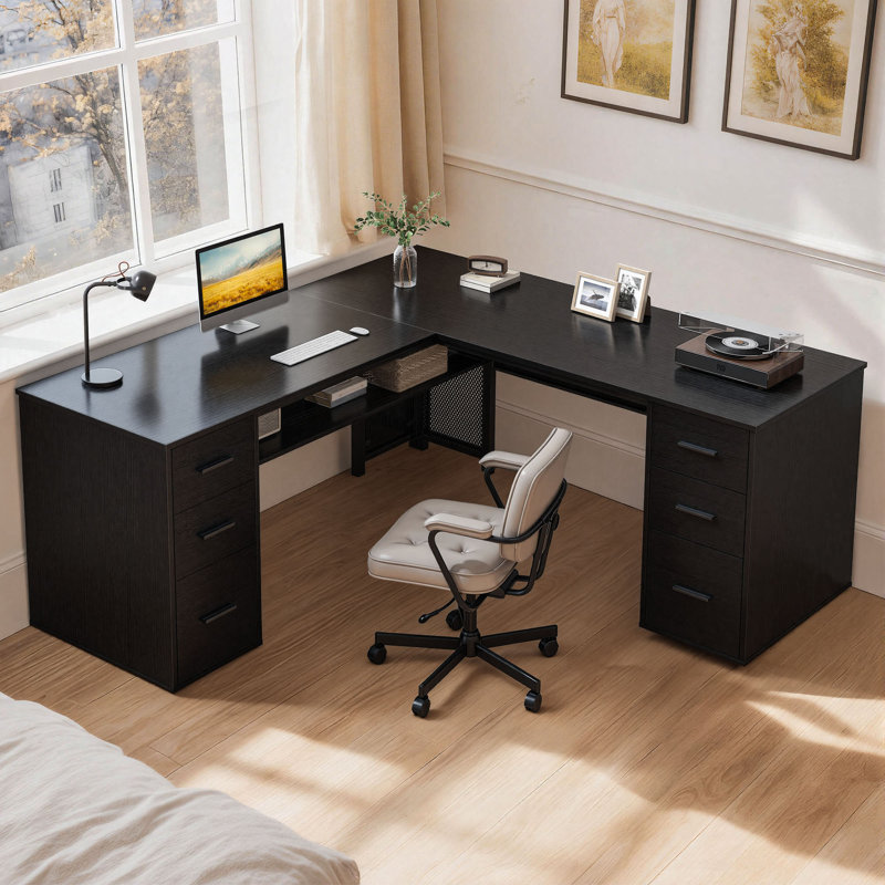 Corsair L-Shaped Executive Desk with 6 Drawers, Black Oak