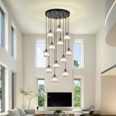 Lustre moderne en cristal Raindrop pour hauts plafonds et escaliers, luminaire suspendu réglable à 12 lumières avec abat-jour en cristal transparent pour vestibule et vestibule