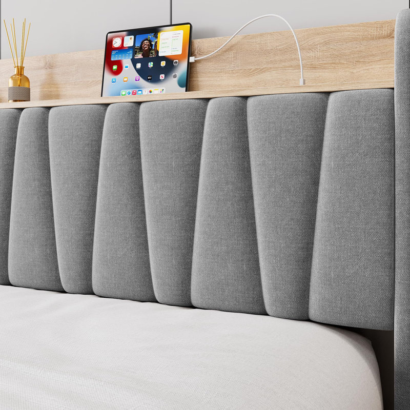 Upholstered Bed Frame With Storage Headboard And Charging Station, Light Gray, Queen