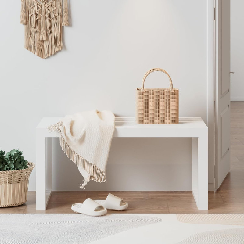 Seamas Bamboo Bench, Farmhouse Dining Bench Entryway Bench for Living Room, Hallway, Bedroom, Bathroom, White