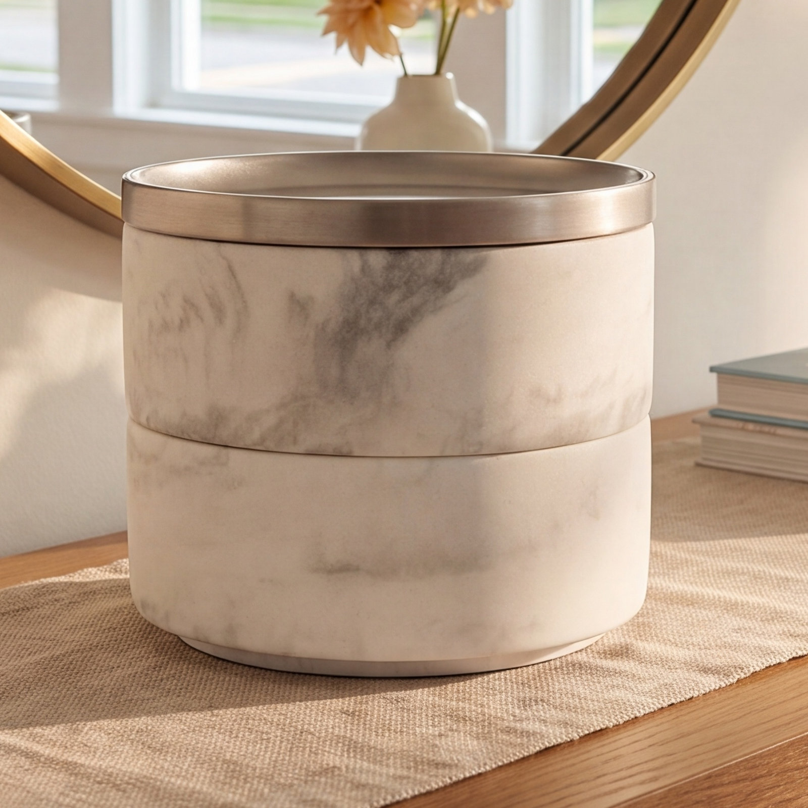 Tesora Glass Jewelry Box +, White/Nickel