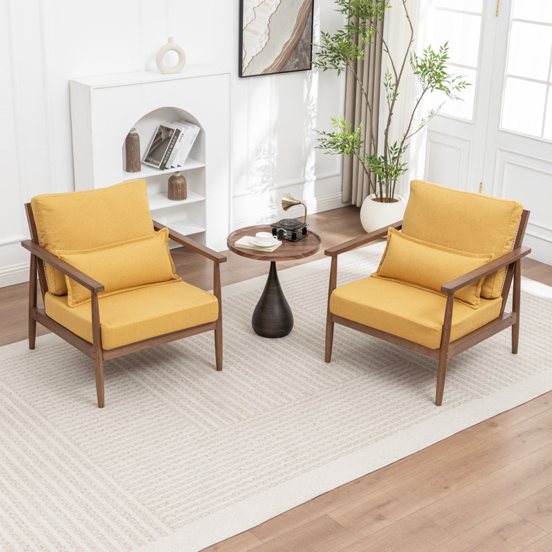 Ensemble de 2 fauteuils rembourrés en bois massif Rayn, Jaune