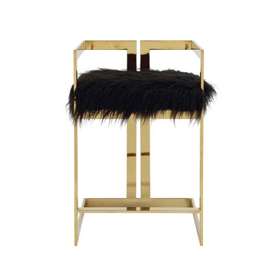 Pangea Home Kenzie Counter Stool Faux Fur – Modern Upholstered Counter-Height Seating with Steel Metal Legs - Faux Fur Counter Stool- Kitchen, Dining, Bar, and Events- Black and Gold Counter Stool