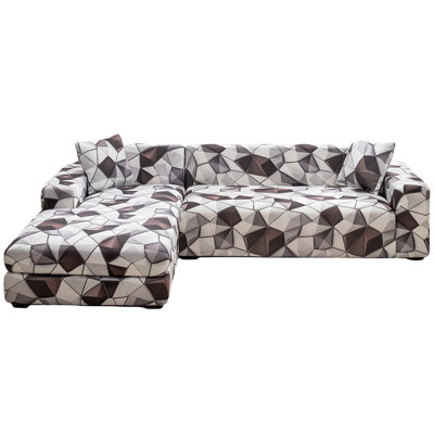 L-Shaped Sectional Sofa Cover, 2-Piece Stretch Slipcover With Elastic Edges & 2 Pillow Covers, Printed Furniture Protector