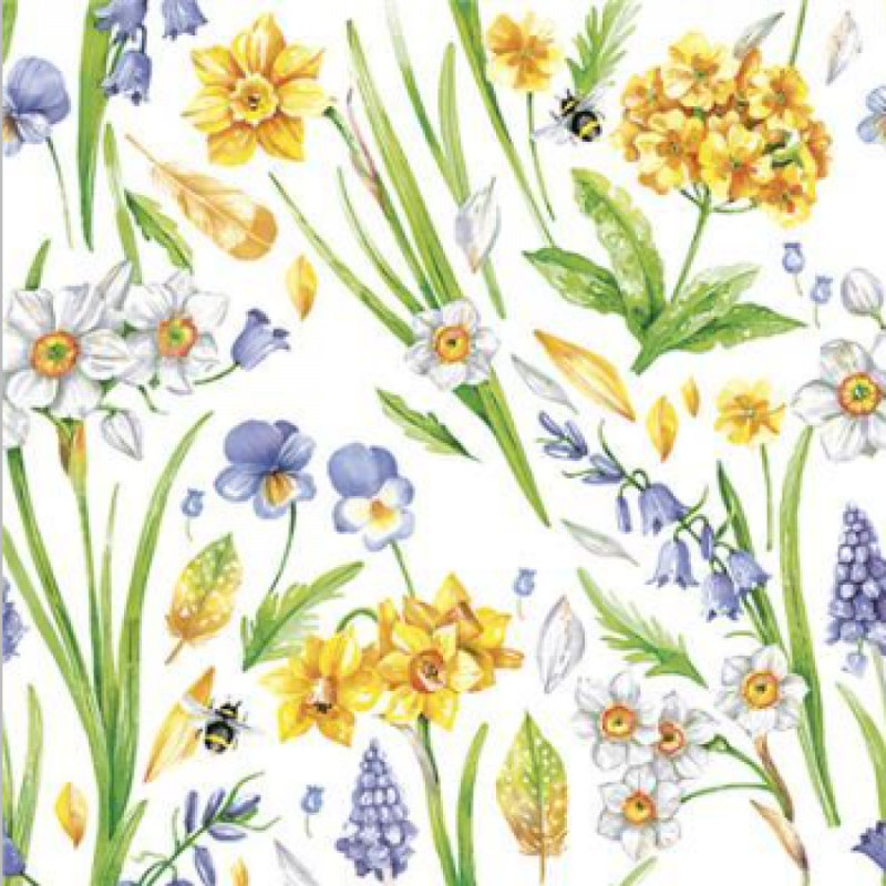 Ensemble de 20 motifs de prairies printanières avec jonquilles jaunes, fleurs mauves et serviettes d'abeilles