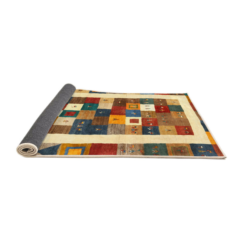 Tapis contemporain beige / jaune / rouge, Rond 4 pi