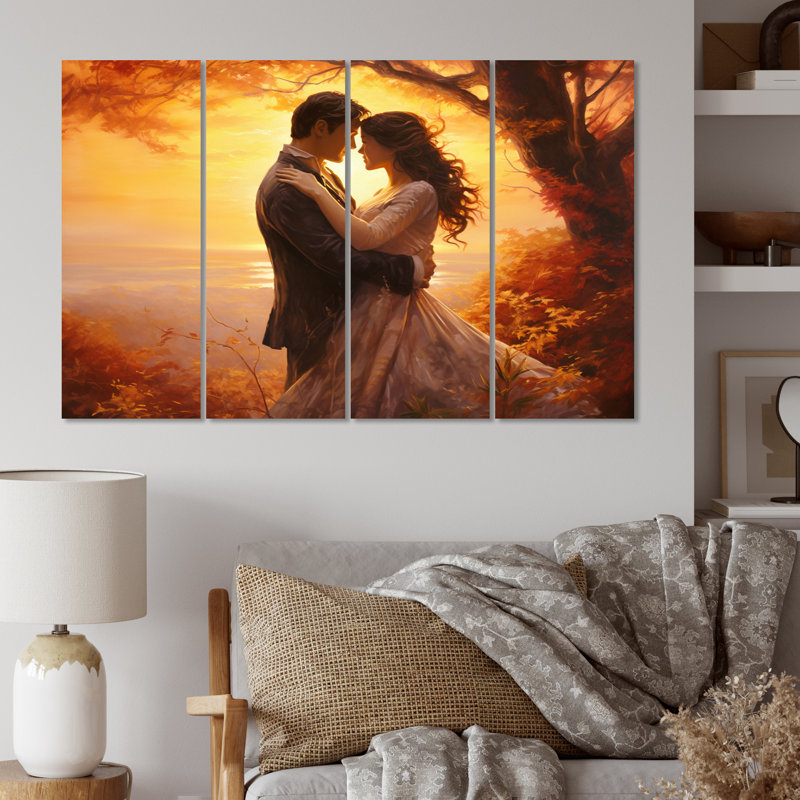 «Romantic Couple Landscape Luminous Embrace I», reproduction d'art mural paysage romantique - 4 panneaux