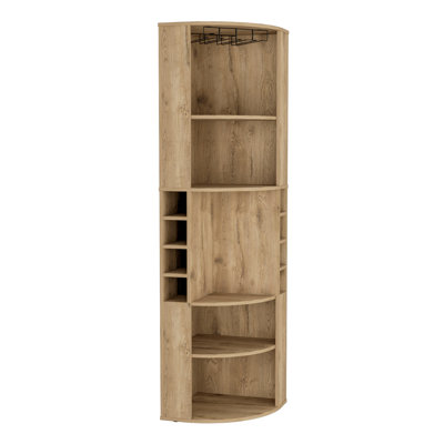 Corner Bar Cabinet With Five Shelves , Eight Bottle Cubbies And Steamware Macadamia