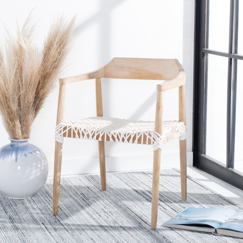 Chaise de salle à manger large 22 po Bruna, Chêne, Cuir véritable blanc