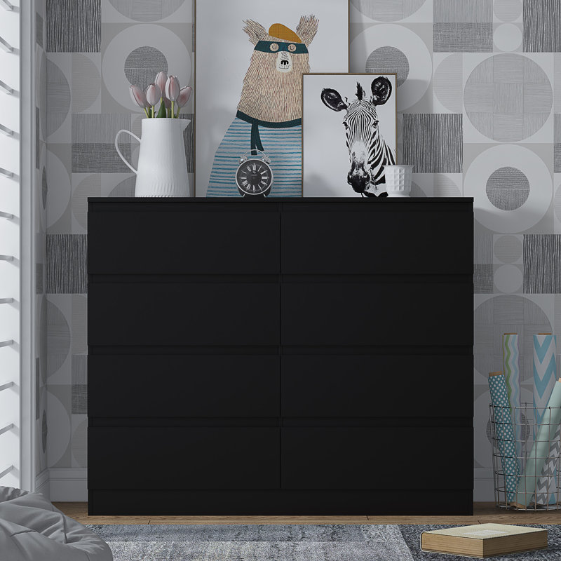 Takeyla 8 Drawer Wide 4+4 Chest Of Drawers, Black