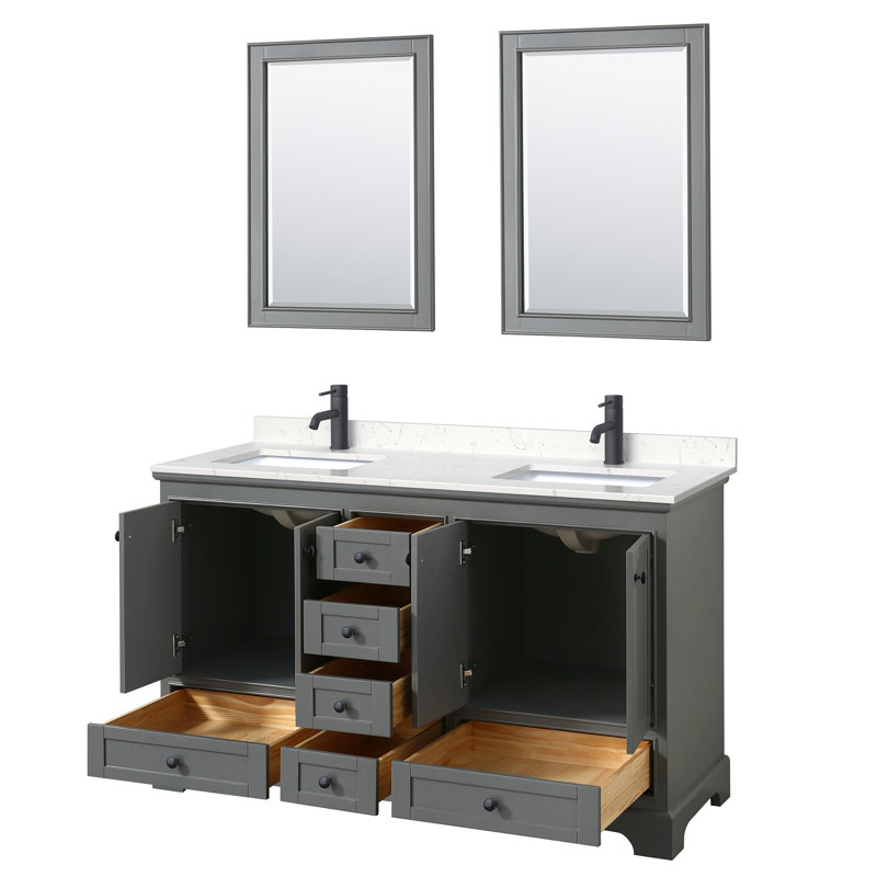 Ensemble de meuble-lavabo double 60 "avec miroir Deborah, Marbre de culture de Carrare, Gris foncé, Chrome poli
