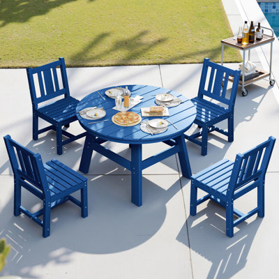Immie 5 Piece HDPE Outdoor Dining Table Set With Umbrella Hole, Blue