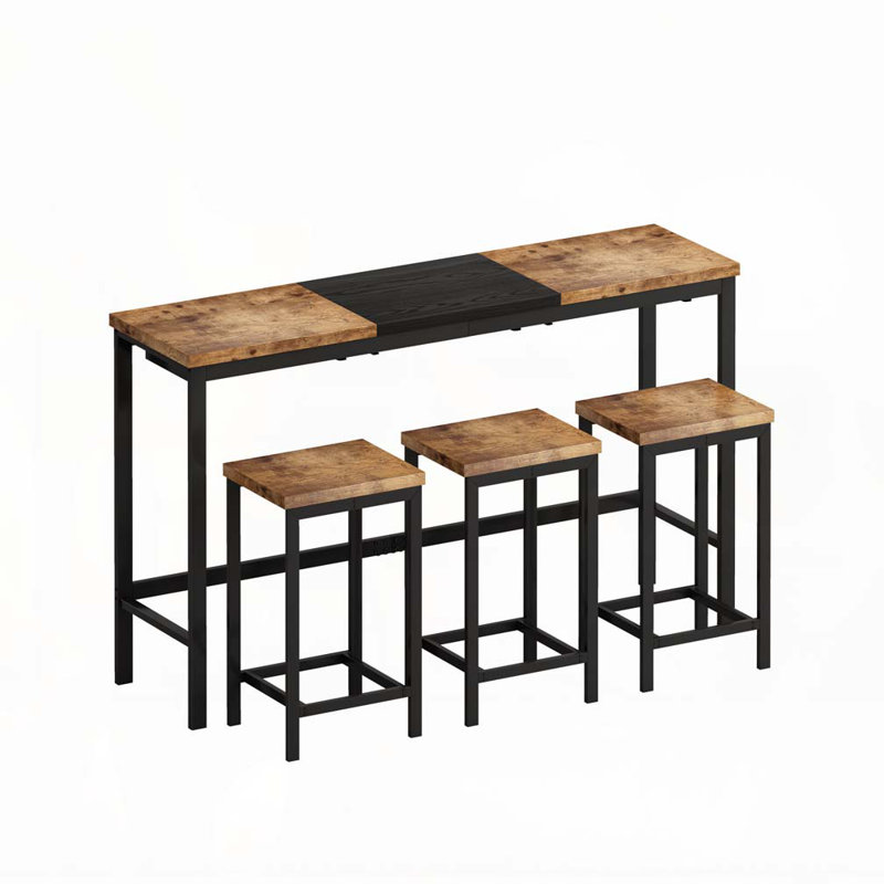 Design Kitchen Dining Table, Pub Table, Long Dining Table Set with 3 Stools, Convenient Hanging Stool Design, Natural+Black