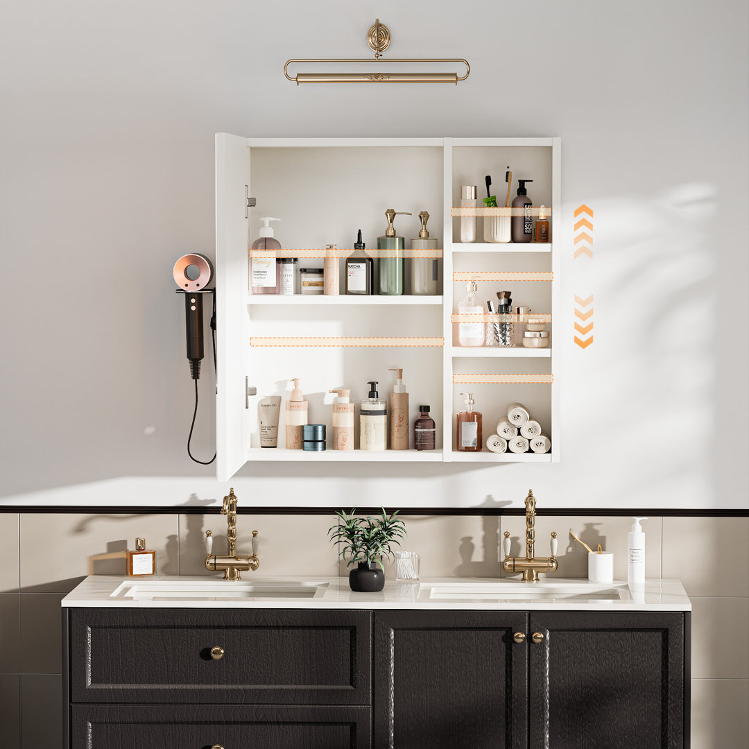 Bathroom Mirror Cabinet Anti-Fog Bathroom Cabinet with Mirror 3 Color Adjustable LED Light Storage Cabinet Mirror Cabinet with Hair Dryer Holder Wall