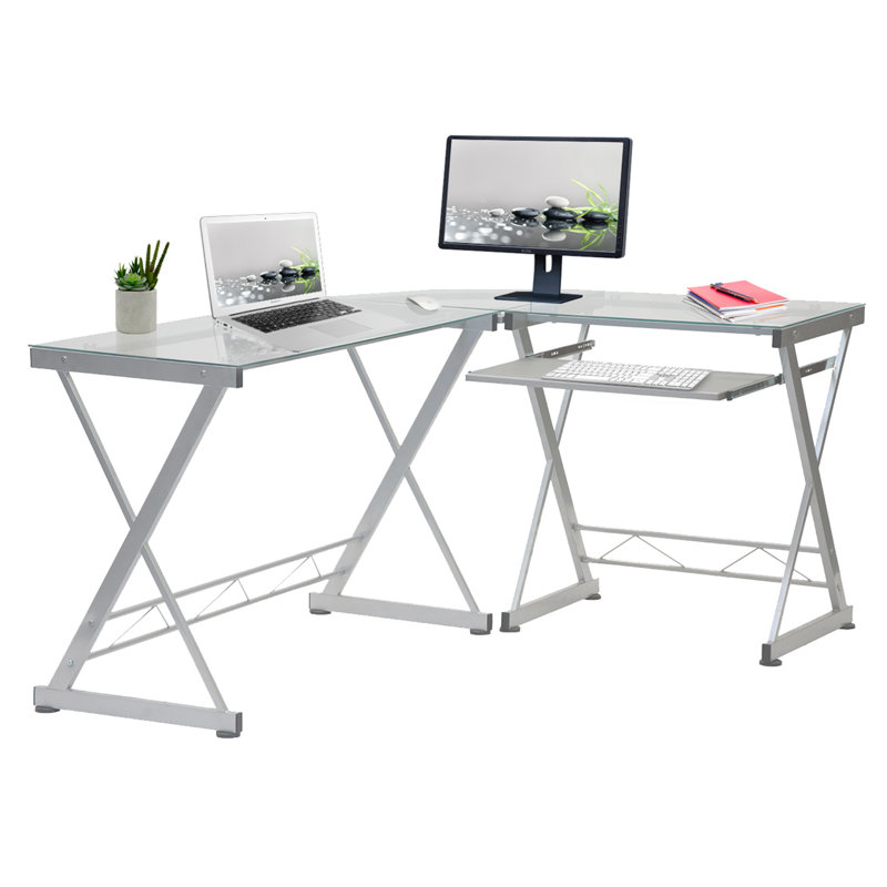 Bureau d'ordinateur en L en verre trempé avec panneau de clavier coulissant