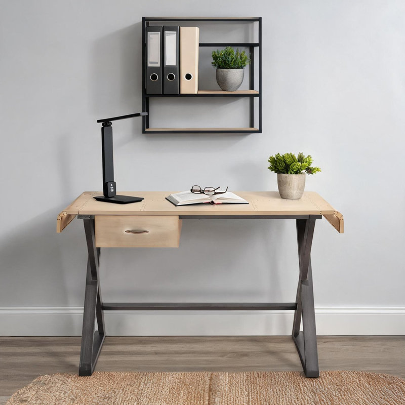 Bureau de 50,5 pouces avec plateau en aluminium patchwork de couleur or champagne et base en X en acier avec tiroir